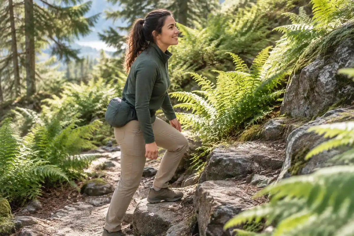 Petite woman stepping up a rocky trail with a snug small pack
