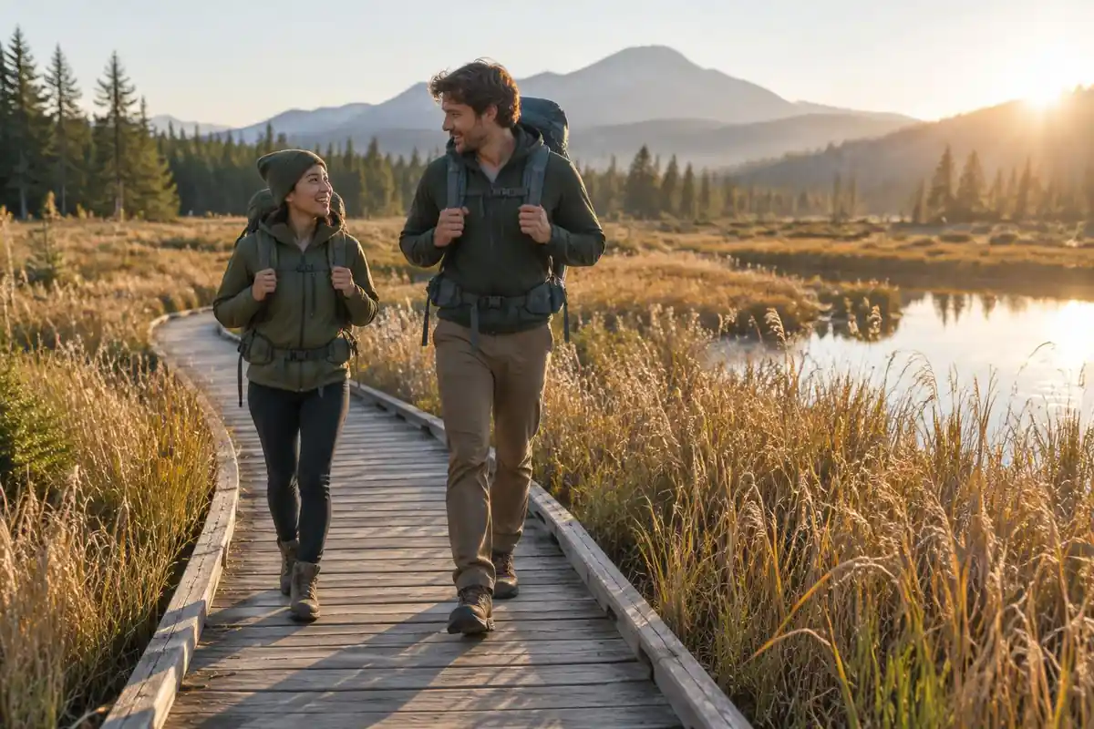 Petite hiker and taller friend on a boardwalk in wetlands