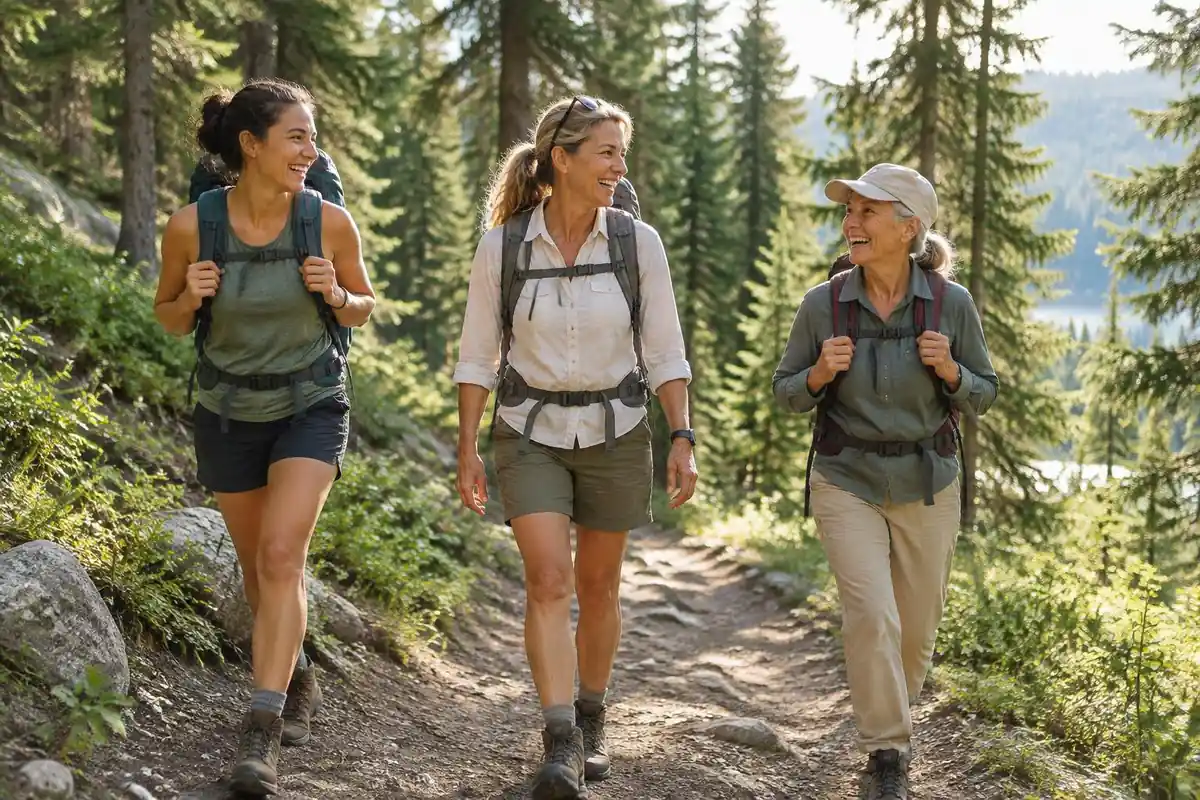 Three women friends on a summer forest trail with different-size packs