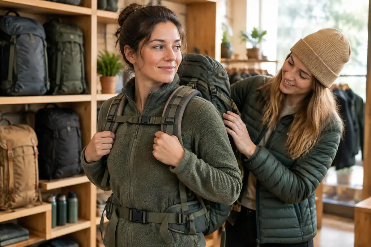 Woman trying a pack on in a gear shop with a helper checking straps