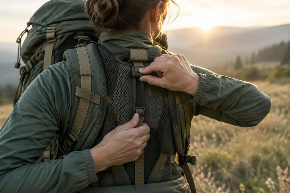 Hands adjusting a torso-length slider on a pack harness