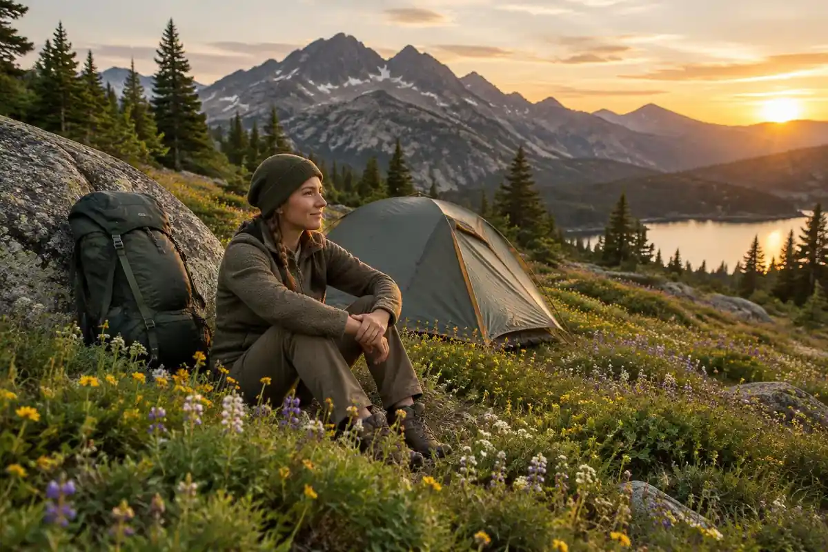 Woman backpacker at an alpine meadow camp with pack and tent