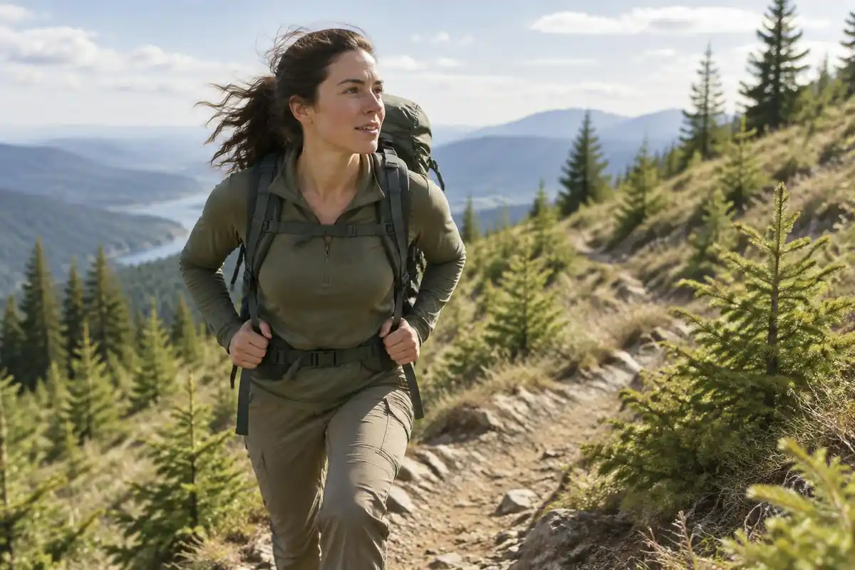 Woman hiking uphill with hands on hip belt through a burned open forest
