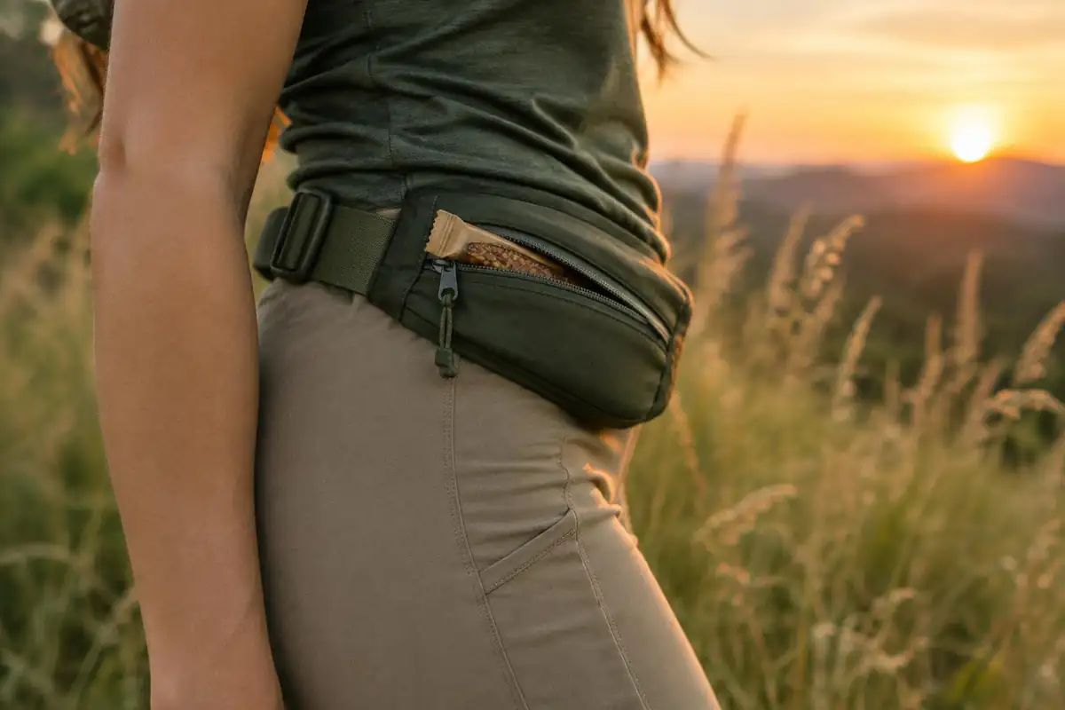 Hip belt with small pocket holding a snack bar