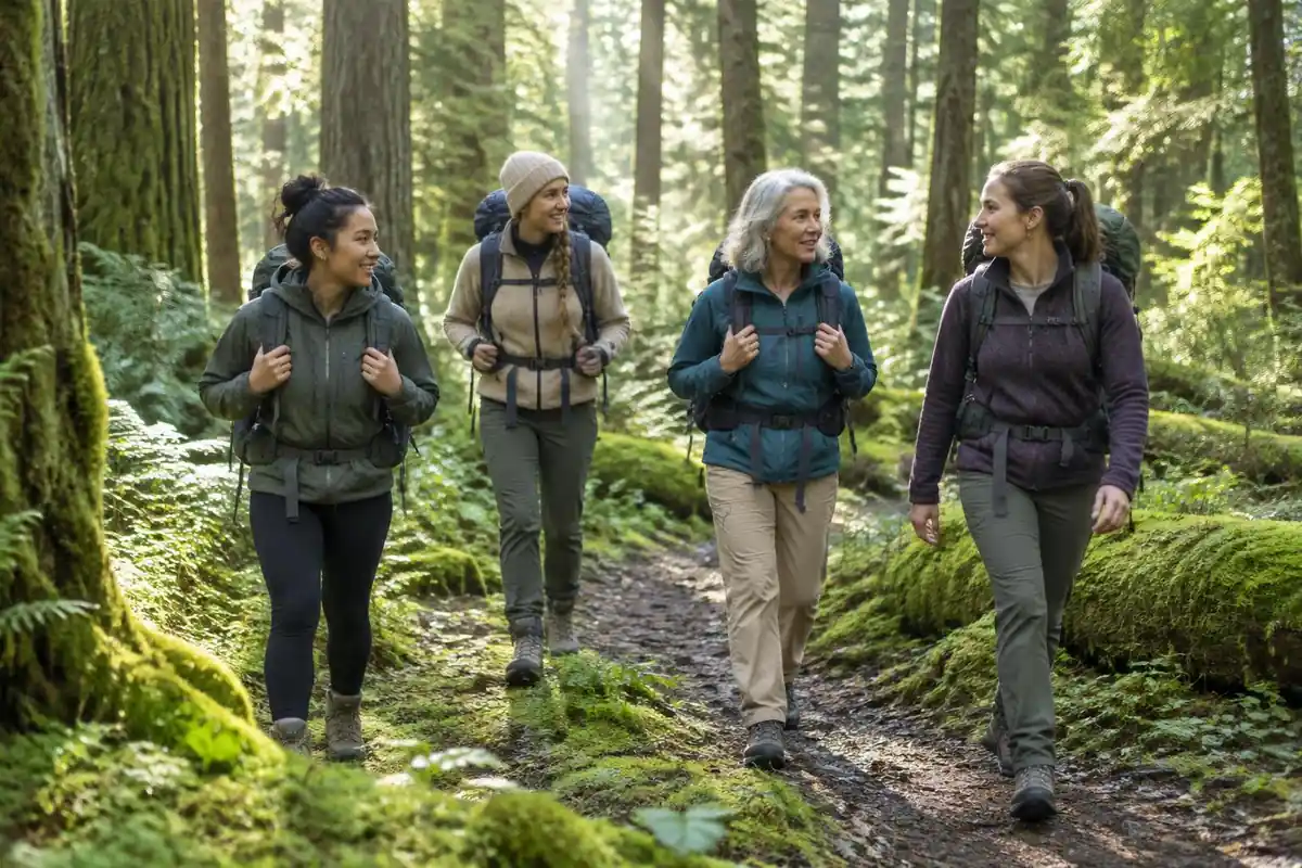 Group of women friends laughing on a forest trail with different sized packs