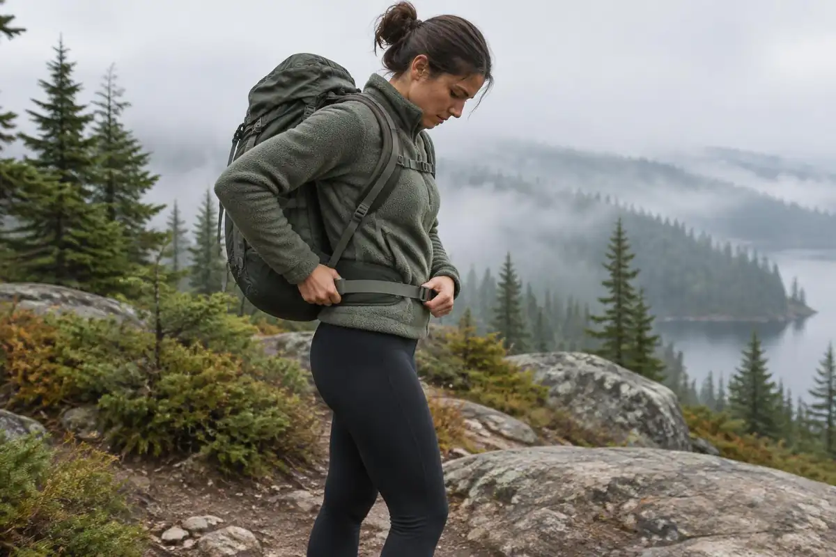 Woman tightening the hip belt so it sits on her hip bones