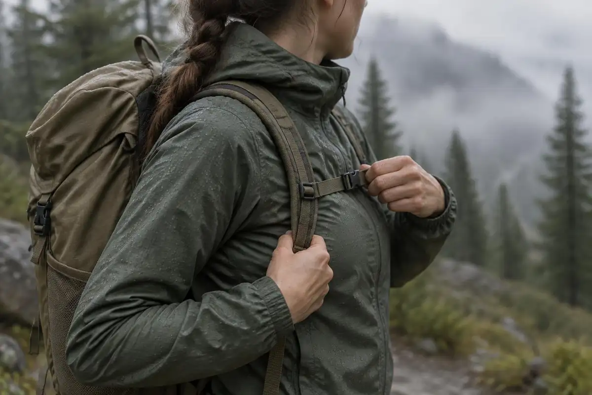 Sternum strap clipped across the chest of a small-framed hiker