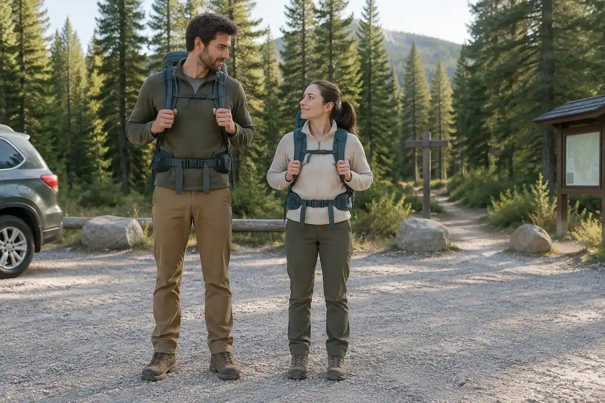 Two hikers of different builds standing side by side wearing packs in a trailhead car park