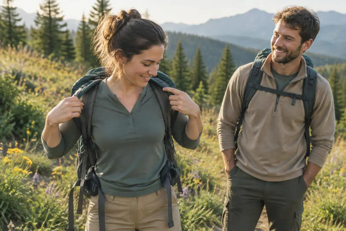 Woman in a borrowed pack tightening shoulder straps while a friend watches