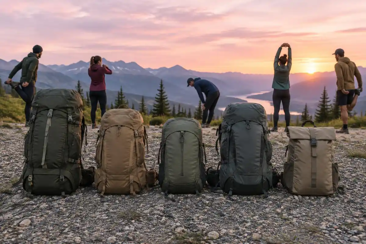 Row of different pack shapes lined up on a gravel ridge at sunrise