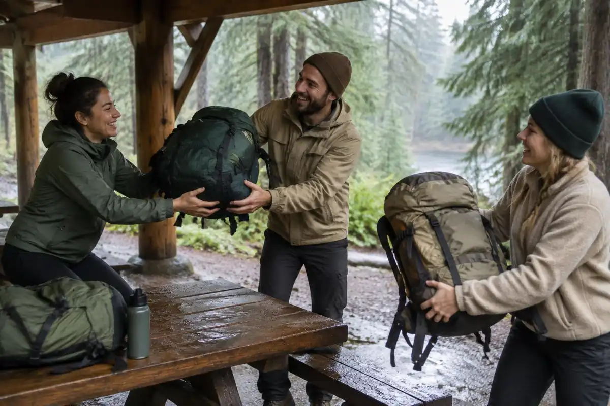 Group of hikers swapping packs to feel their weight at a picnic shelter