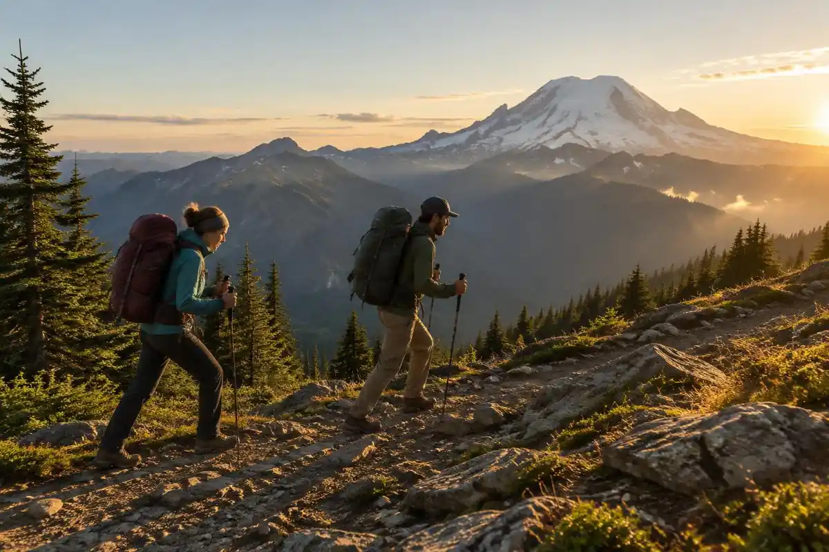 Couple with heavy multi-day packs on a rocky alpine trail at golden hour
