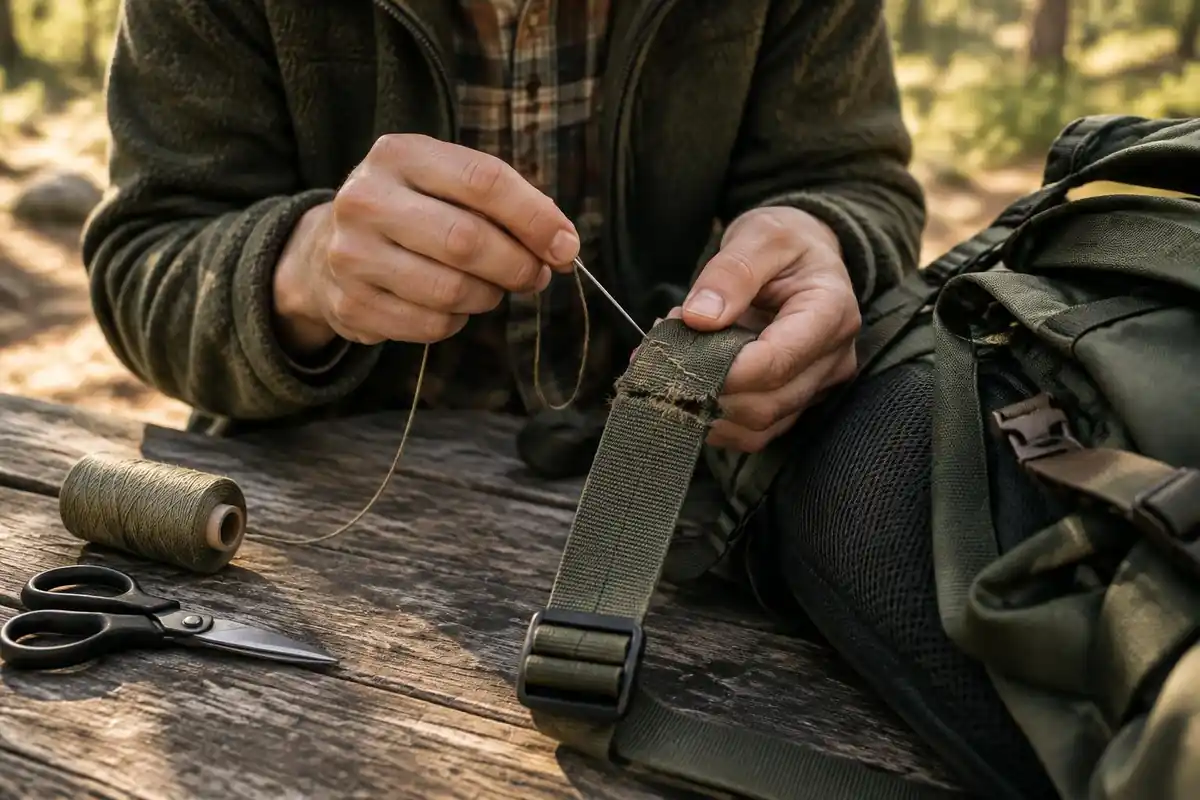 Warranty-like repair scene, hands sewing a strap on a picnic table