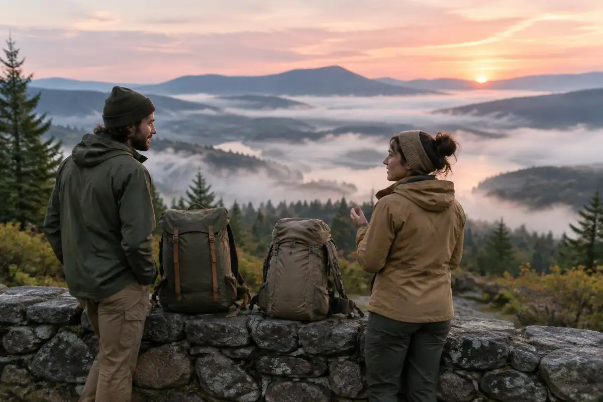 Two friends comparing different packs on a stone wall at sunrise