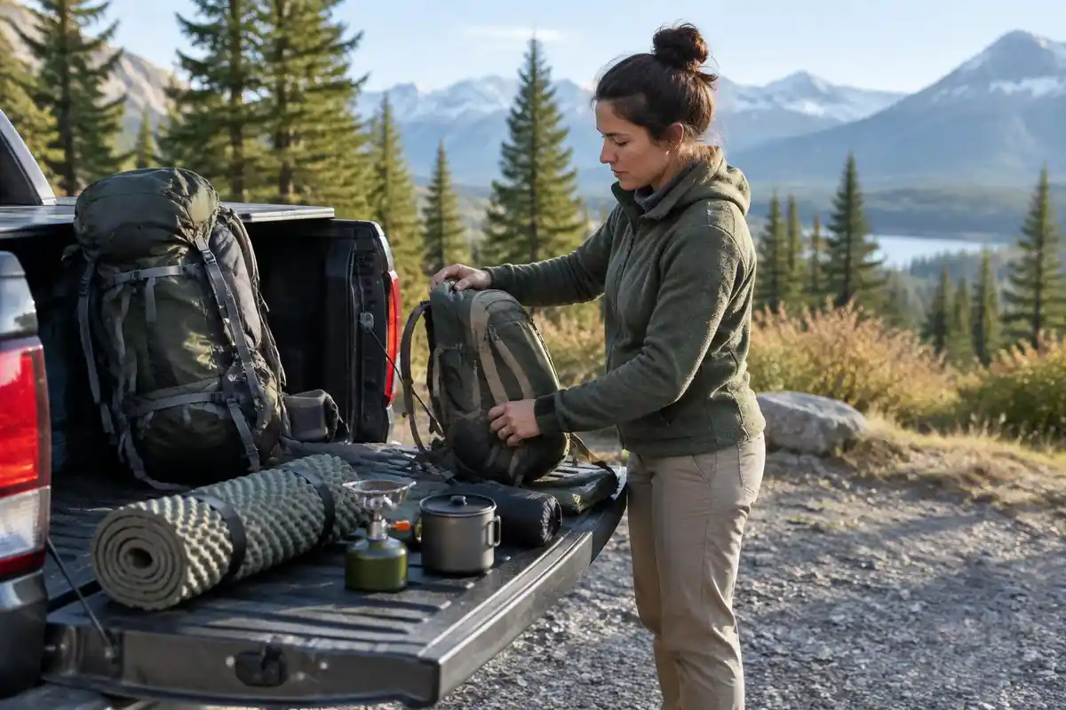 Hiker moving items from one pack to another on the tailgate