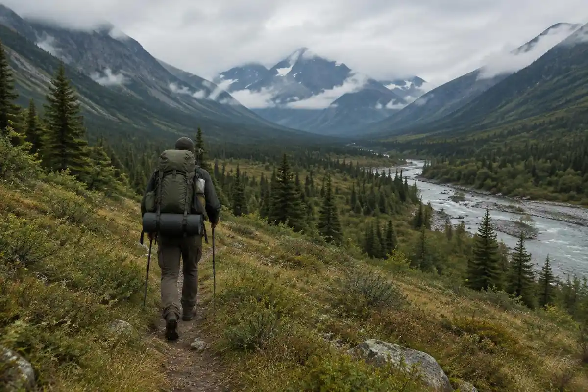 Heavy-load backpacker on a long forested valley approach