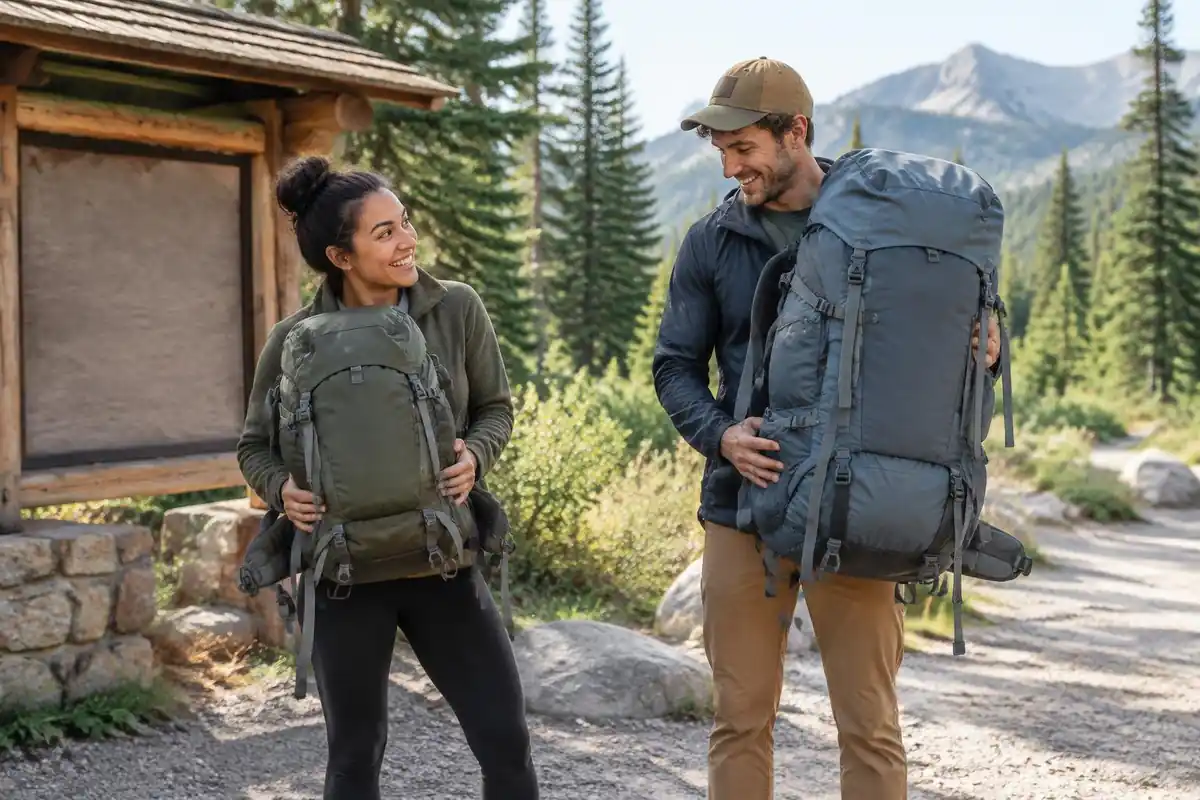 Two hikers comparing pack sizes by holding them up together at a trailhead