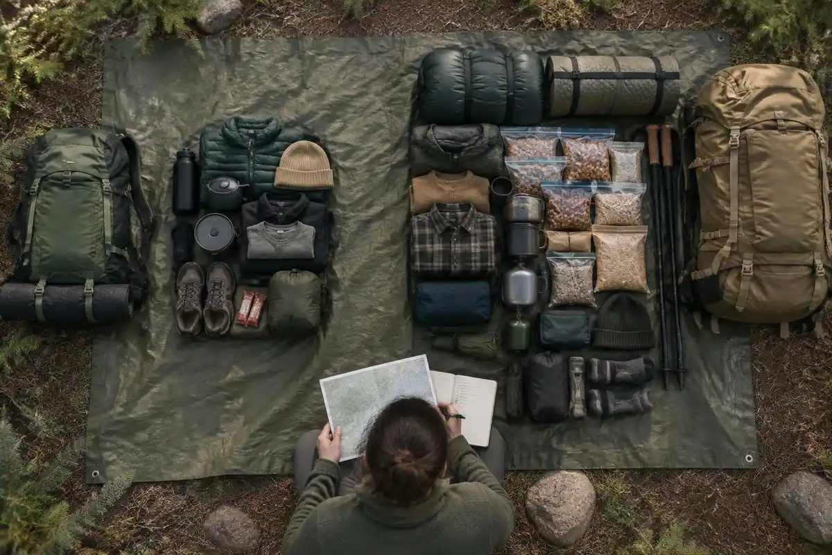 Packed gear neatly sorted for a week versus a weekend on a tarp