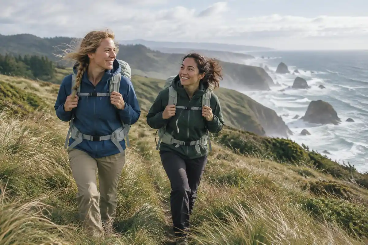 Two women hiking a windy coastal ridge in matching-style light packs