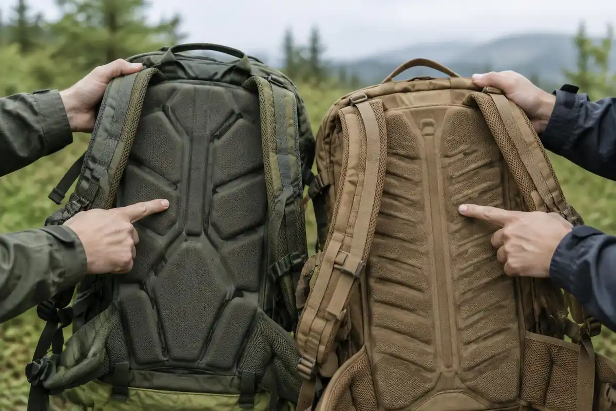 Comparing back-panel fabric between two light packs held side by side