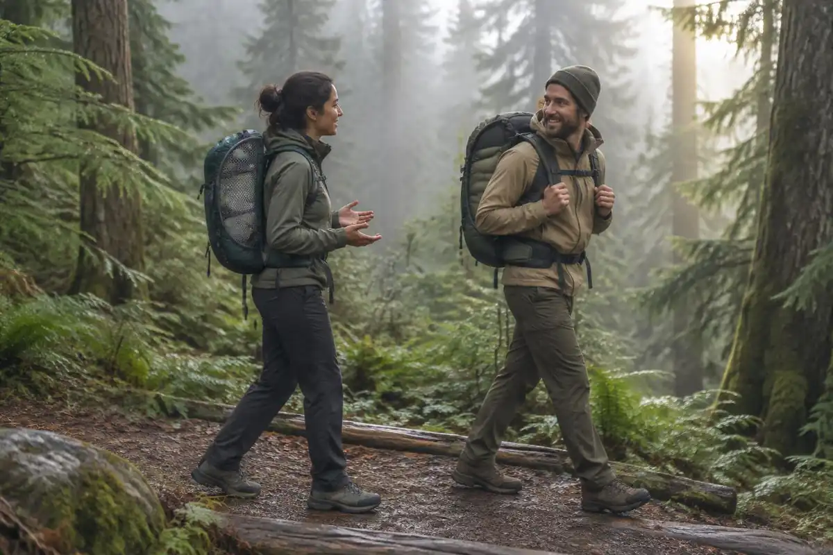 Two friends hiking a humid hardwood trail with different packs