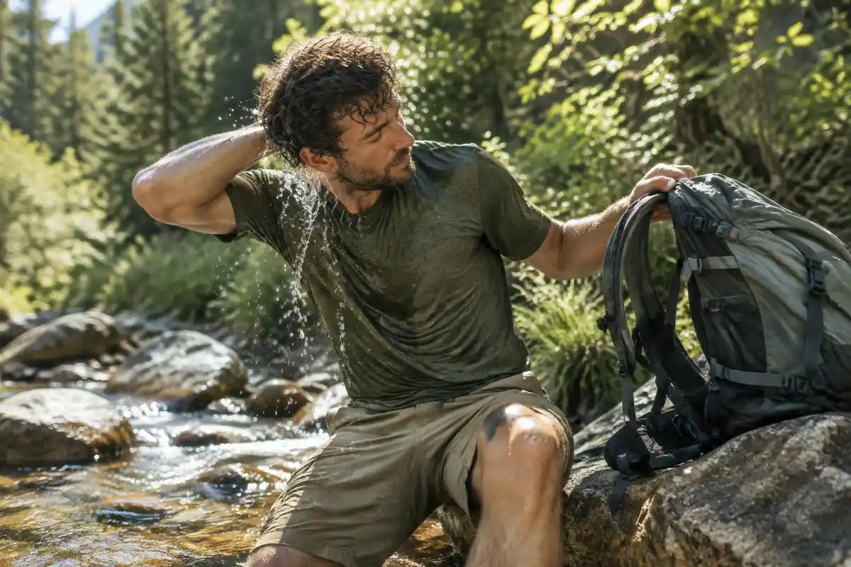 Hiker lifting his pack to air out his sweaty back at a stream