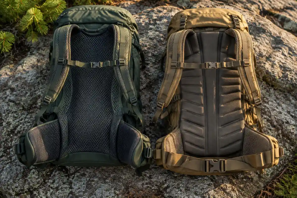 Back panels of two packs shown side by side on a rock