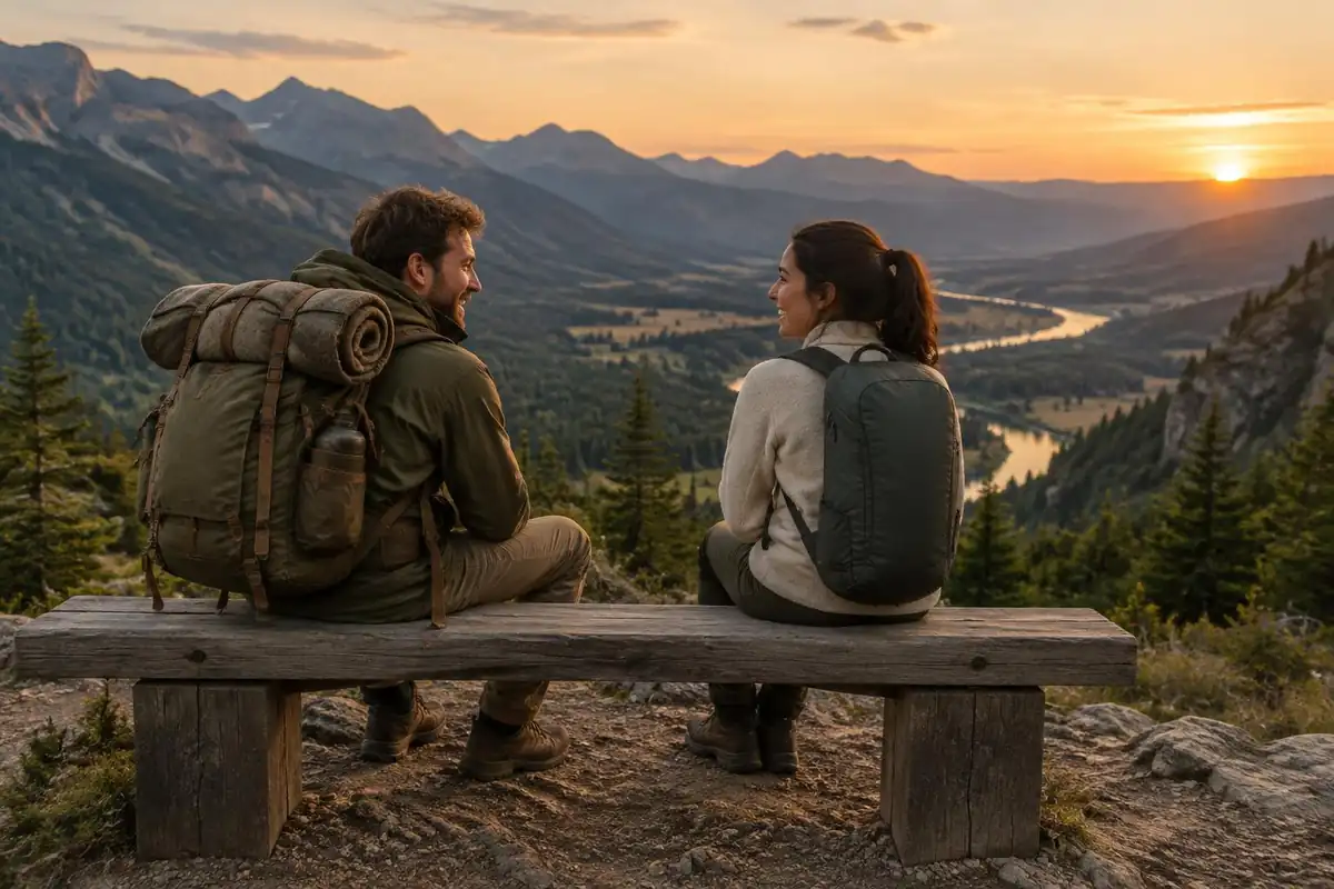 Two hikers with different pack styles at a viewpoint bench