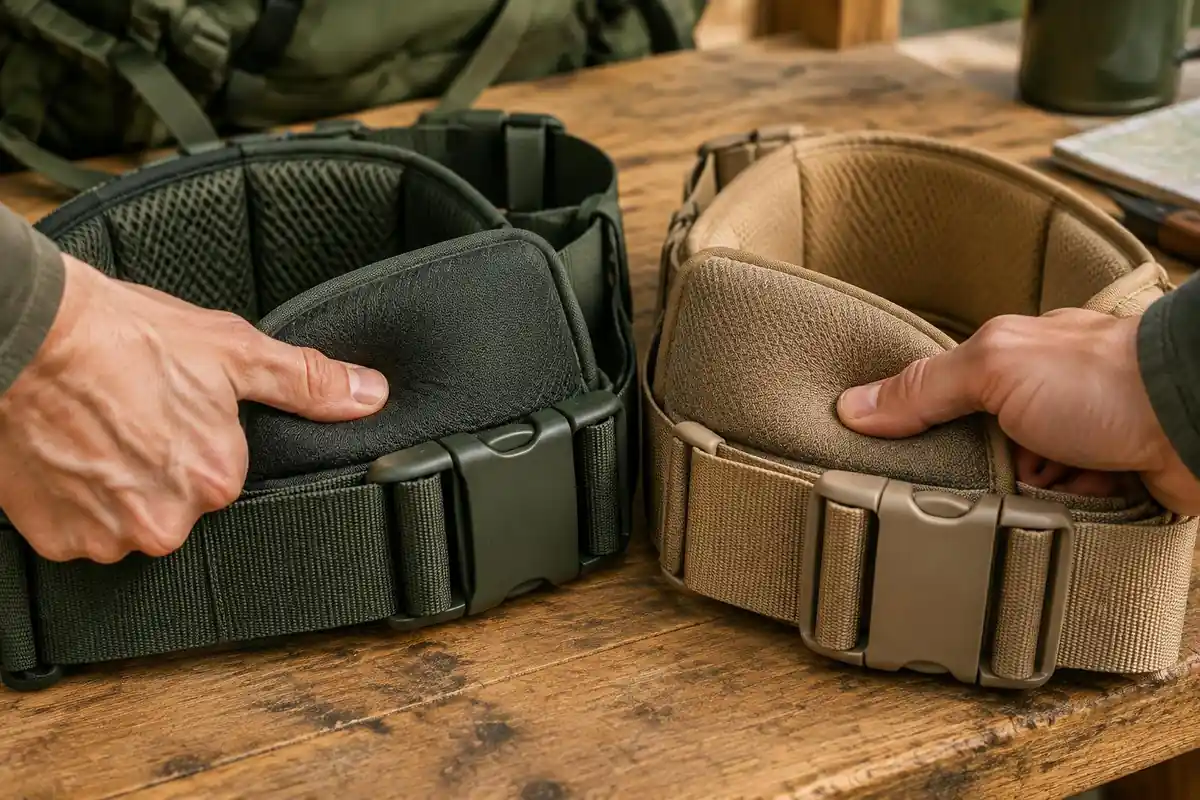 Two hip belts side by side on a workbench, padding compared
