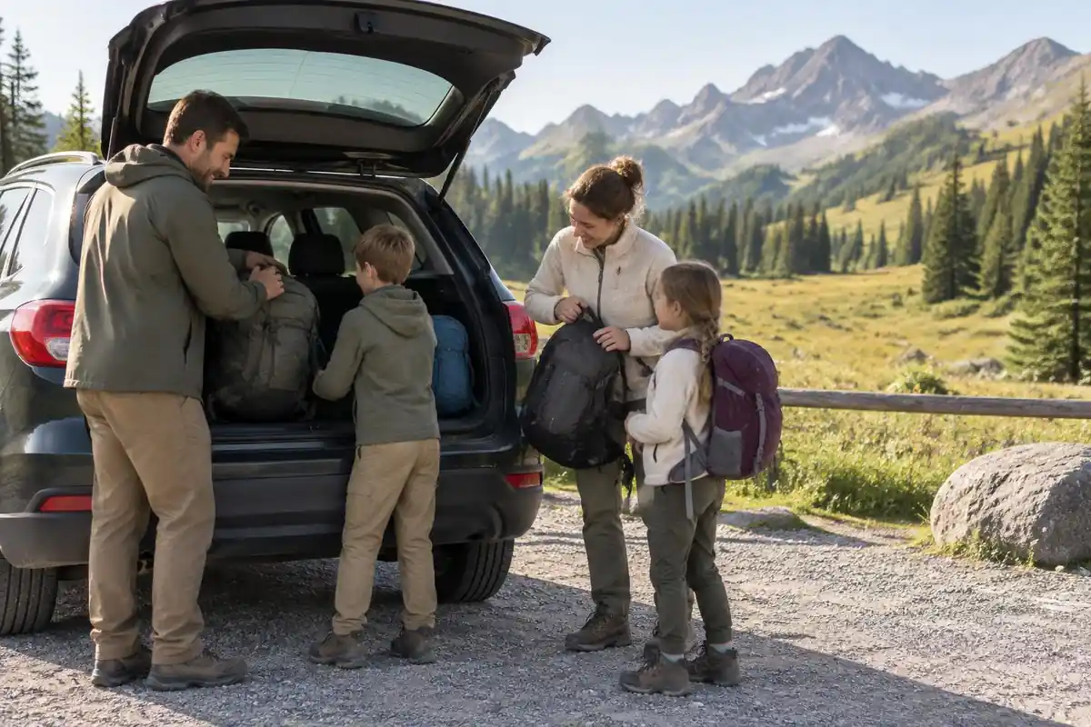 Family loading packs into a car boot at a sunny mountain trailhead