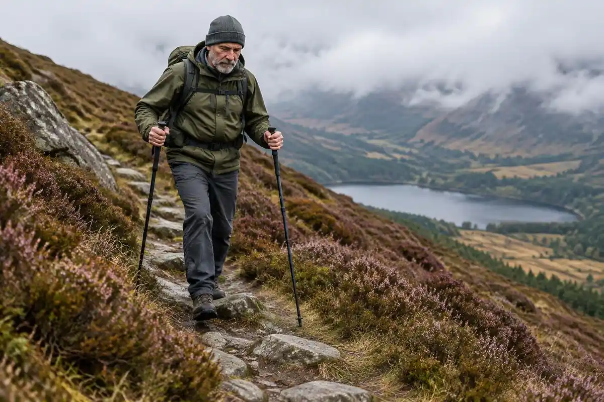 Hiker on a hillside descent with poles, pack riding close to the body