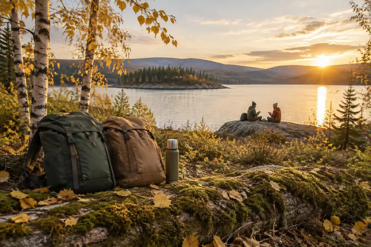 Lakeside picnic pause with two daypacks resting in low autumn sun