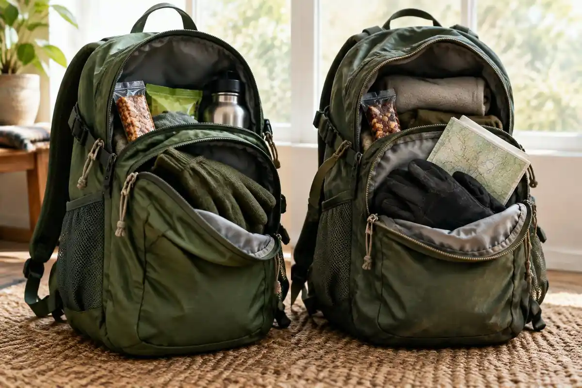 Two similar packs side by side on a mat with pockets unzipped