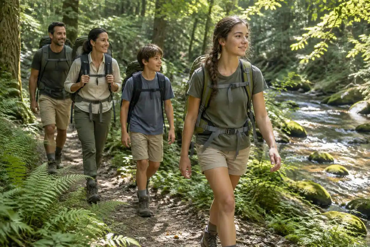Family walking a shaded trail in humid summer with vented packs