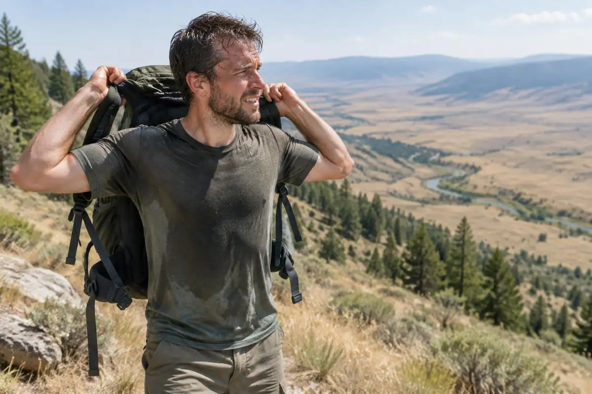 Hiker pausing and lifting pack away from sweaty back to cool off