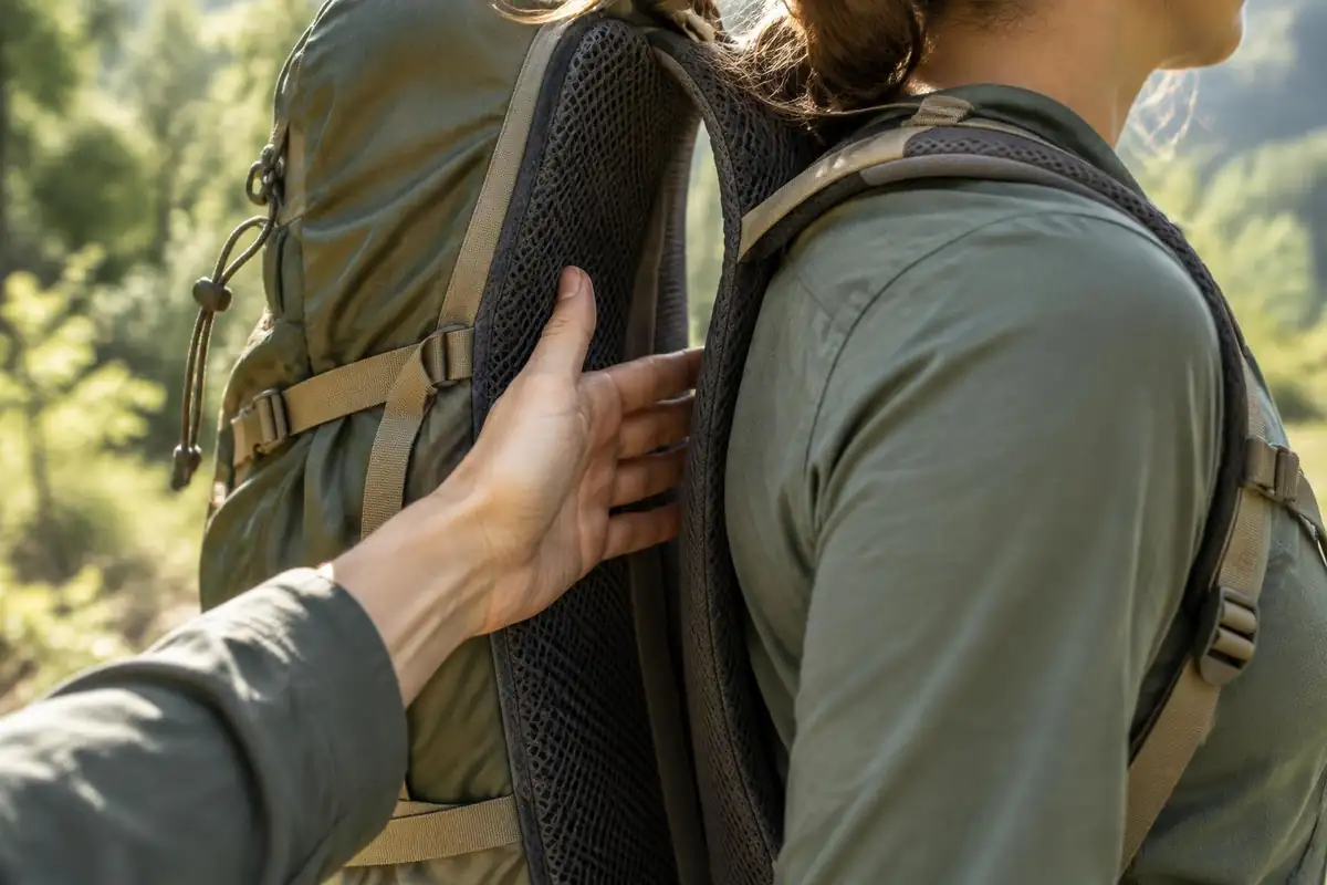 Mesh ventilated back panel close view with a hand between pack and back
