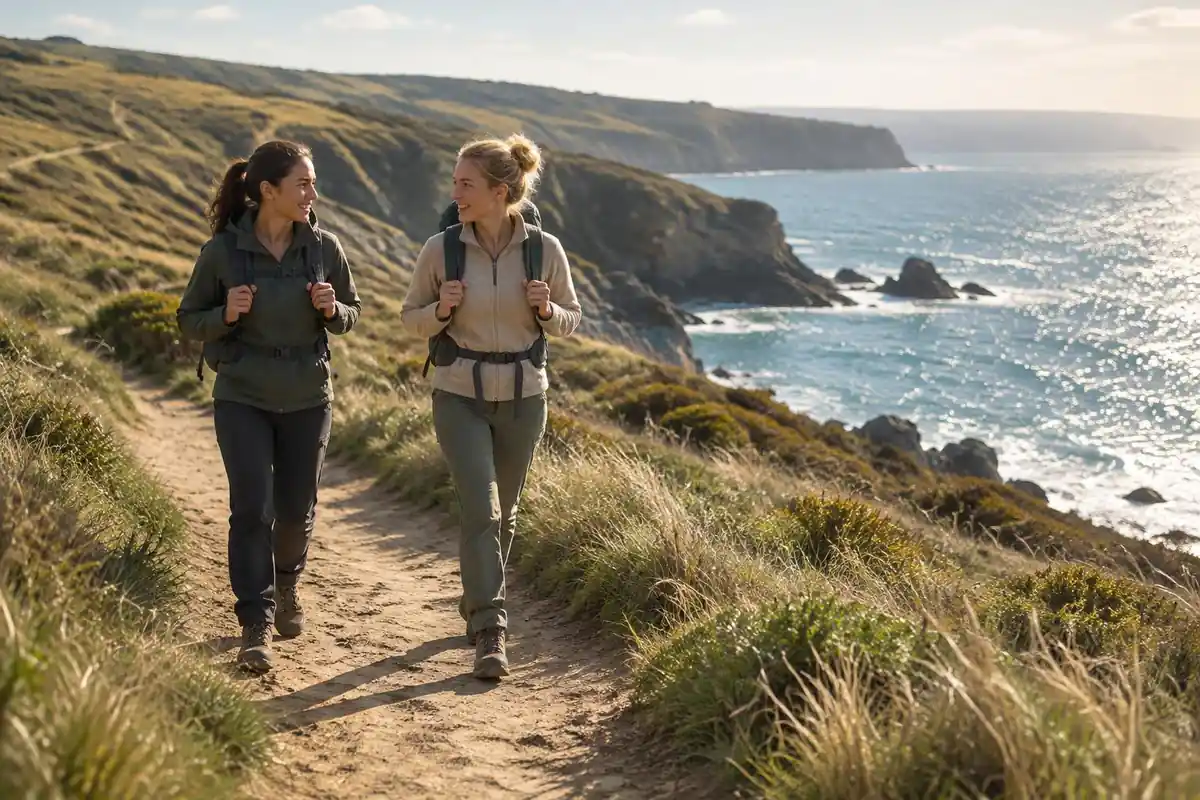 Two women walking a coastal cliff path with backpacks in warm sun