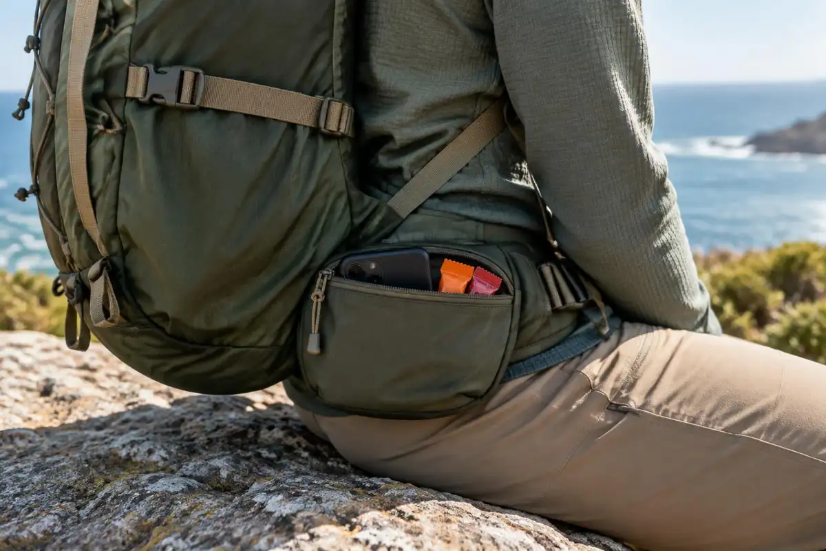 Side-compression strap and lower hip pocket detail on a sunny rock
