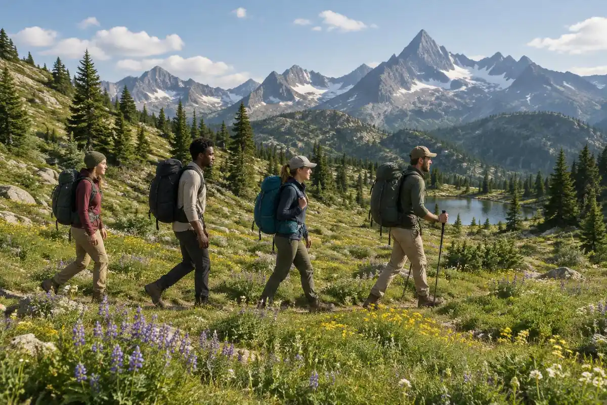 European alpine meadow with a group in sturdy trekking packs