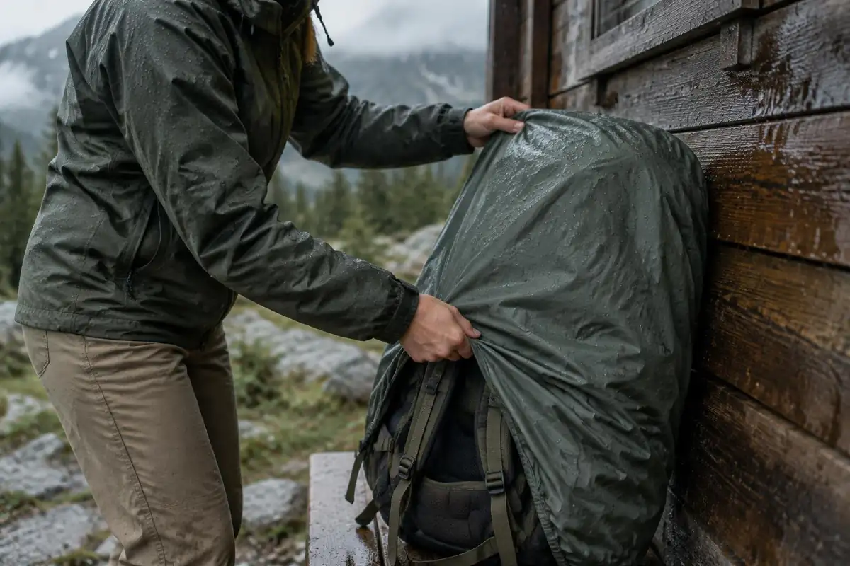 Rain cover being unfolded and pulled over a pack beside a wooden hut