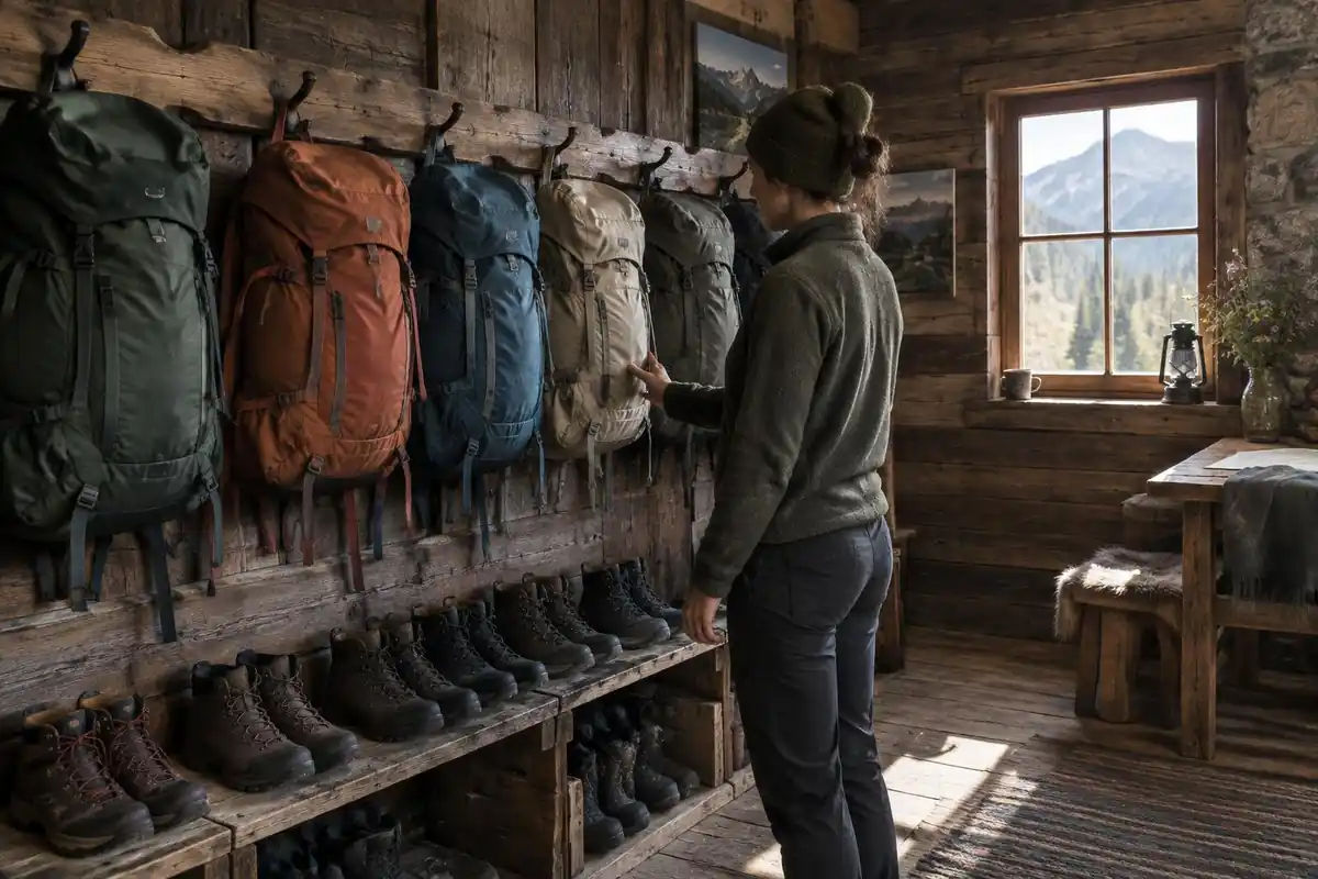 Rack of assorted unbranded packs beside a trail map in a hut