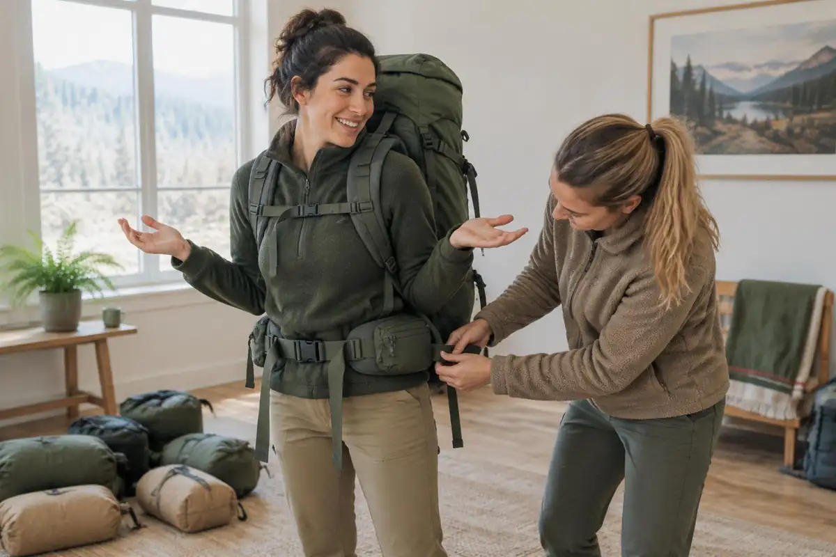 Woman trying on a pack in a shop-like room with sand-filled bags
