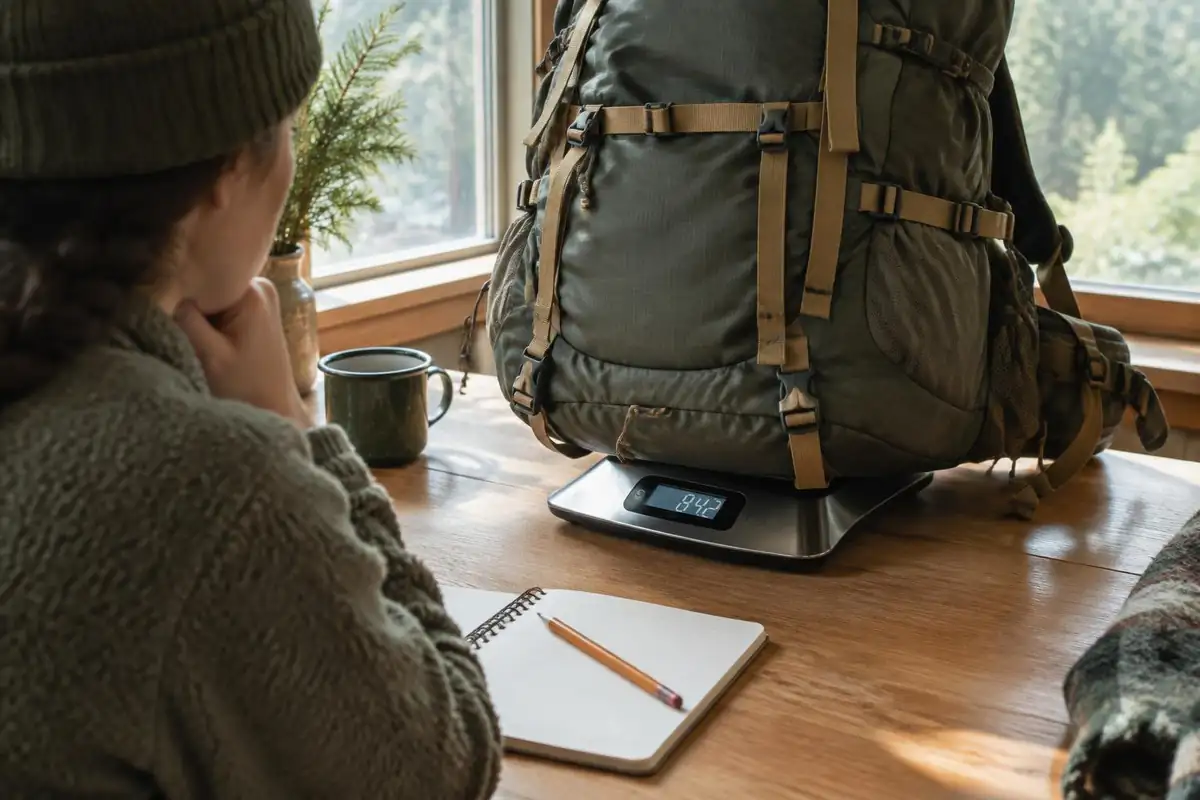 Pack tags and a notepad comparing weights on a table