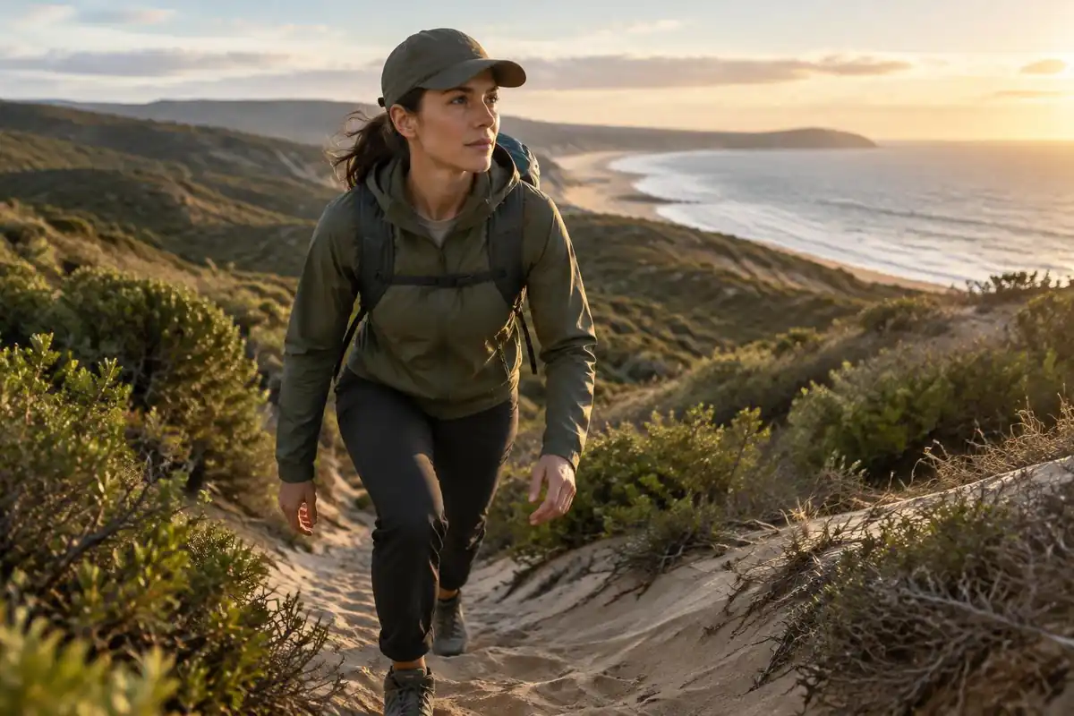 Trail runner-style hiker climbing a sandy path with a slim frameless pack