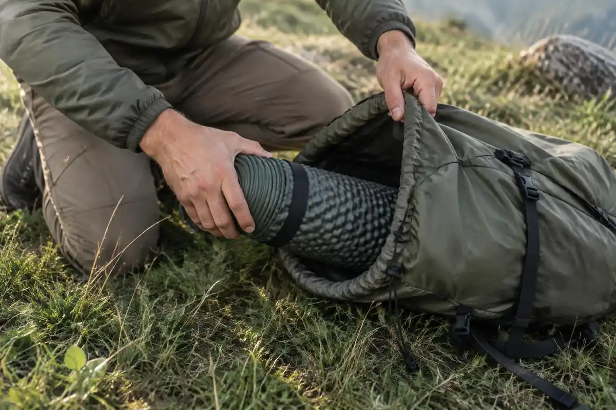 Sleeping pad rolled inside a frameless pack to add structure