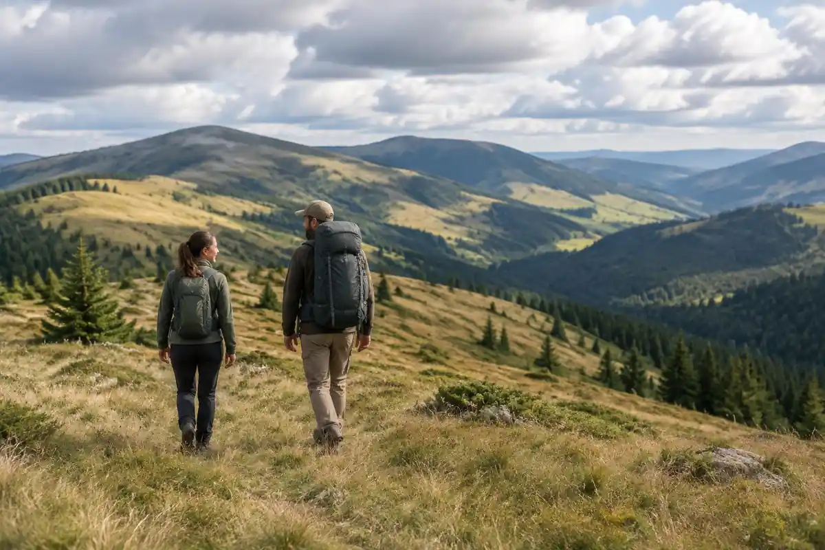 Two hikers on a wide ridge, one carrying a slim pack, one a padded framed pack