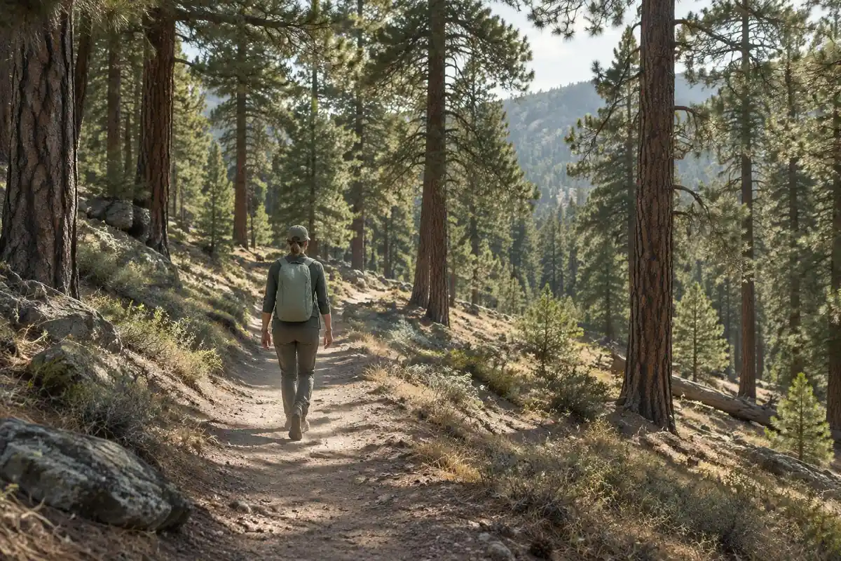 Hiker among tall pines on a long-distance trail with a modest light pack