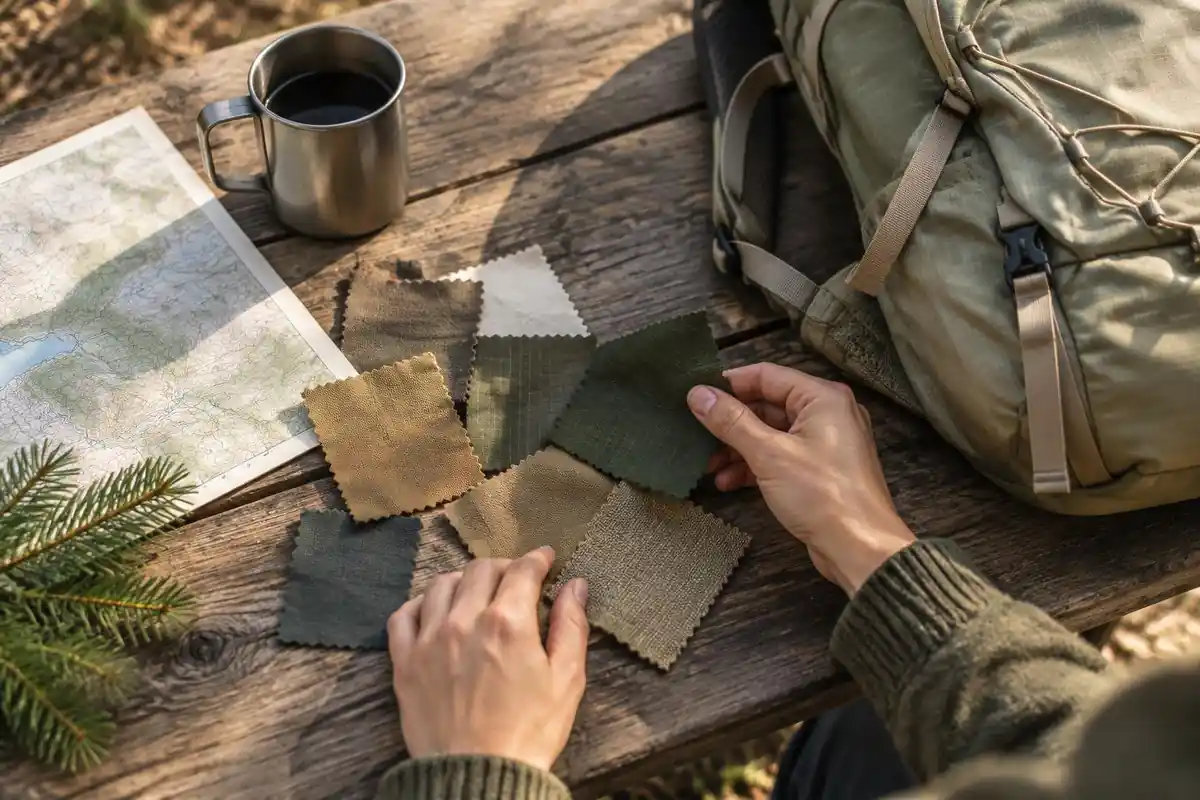 Different fabric swatches next to a pack on a picnic table