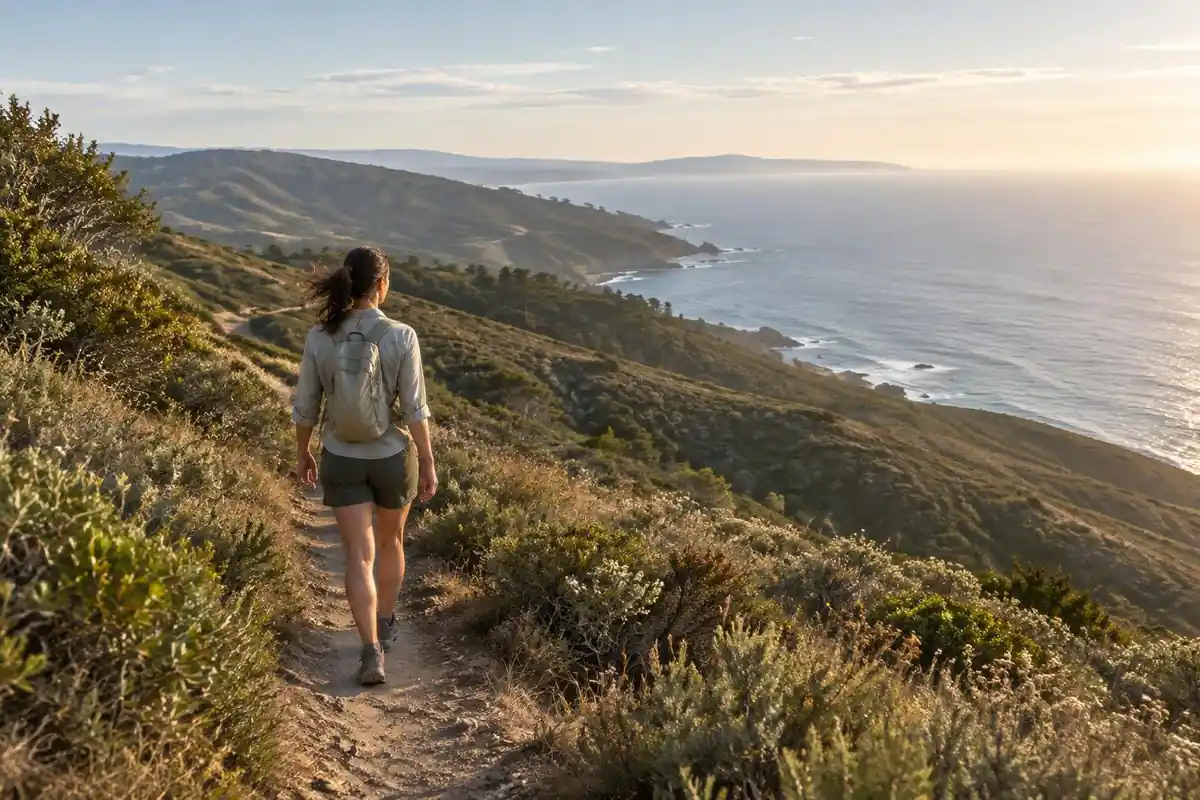 Southern California coastal hills trail with a hiker and a light pack