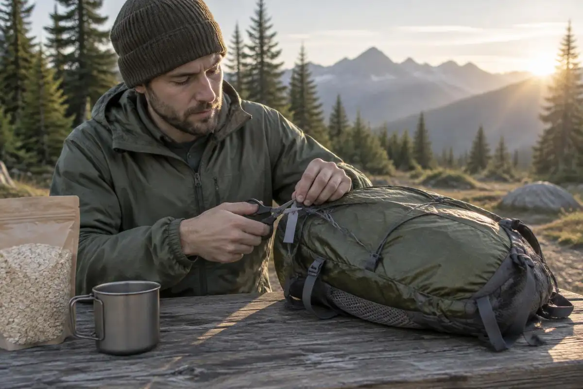 Hiker trimming ounces by cutting a tag off a small pack